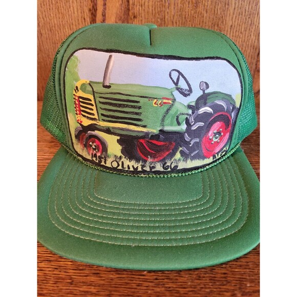 Vintage Oliver John Deere Hand Painted Trucker Green San Sun Hat From Sri Lanka - Picture 2 of 12